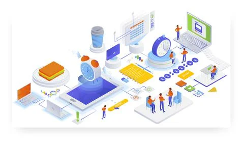 Working time tracking app. Workload management, flat vector isometric Illustrazione stock