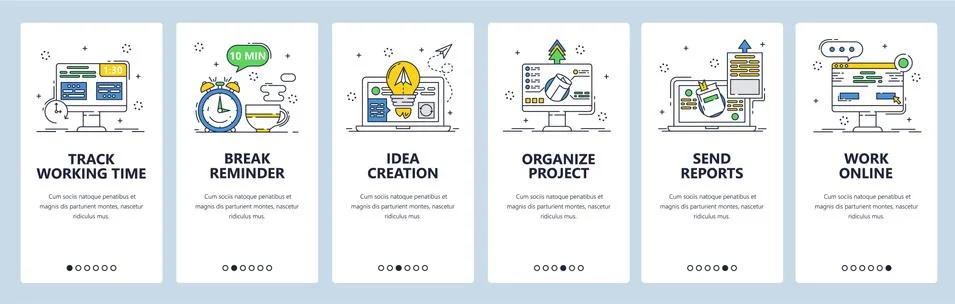 Working time tracking mobile app onboarding screens, vector website banner Stock Illustration