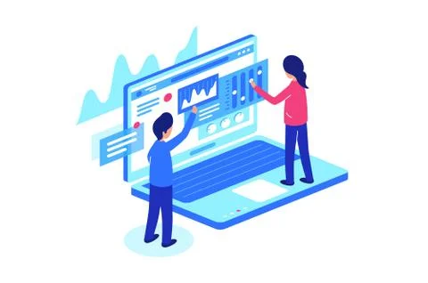 Working together with data on laptops. Vector illustration Stock Illustration