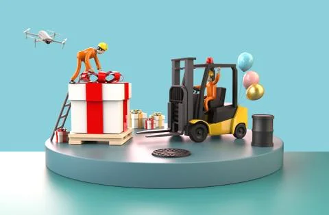 Working together to move the large gift box 3D illustration Illustrazione stock