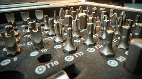 A working tool. drills. screwdrivers. screwdriver heads Stock Photos