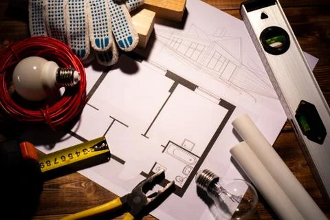 Working tools and house design. concept of home improvement. Stock Photos