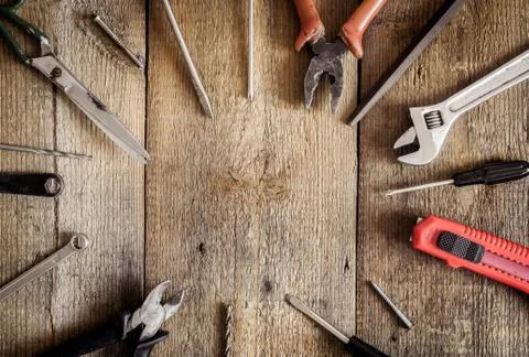 Working tools background with copy space Stock Photos