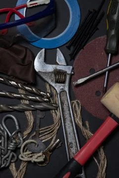 Working tools on a black background.  Stock Photos