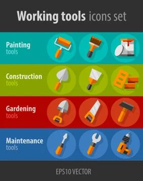 Working tools for construction and maintenance flat icons set 스톡 일러스트