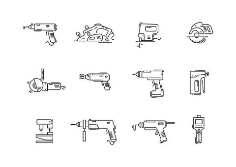 Working tools for construction and repair line icons drill, screwdriver, puncher Stock Illustration
