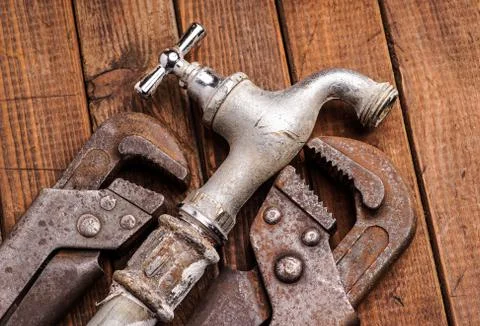 Working tools, plumbing, pipes and faucets Stock Photos