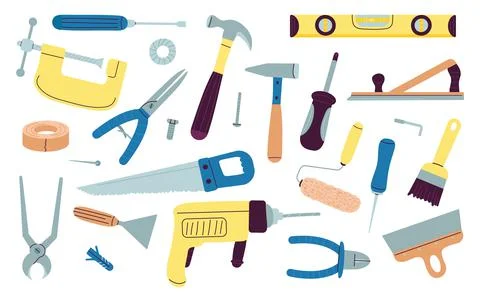 Working tools. Repairman toolkit with drill, hammer, screws wrench. Carpenter Stock Illustration