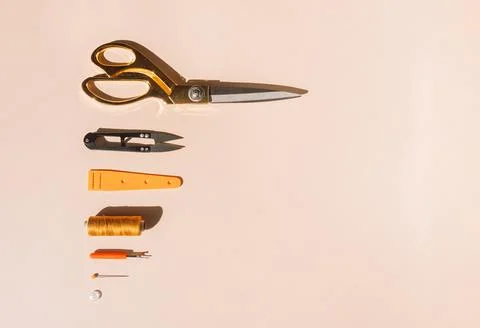 Working tools scissors and sewing threads Stock Photos