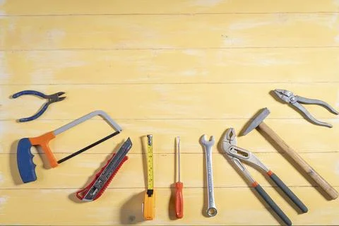 Working tools on wooden rustic background. top view Stock Photos
