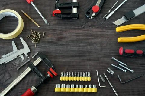Working tools on wooden table. top view, copy space Stock Photos
