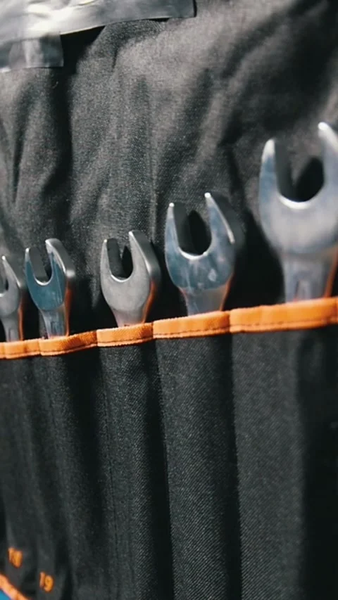 Working tools, wrench set in storage pockets Stock Footage 336307278
