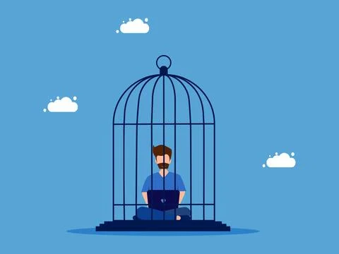 Working traps or working until the lack of freedom. man working on laptop in  Illustrazione stock