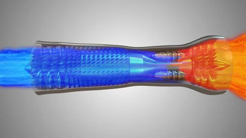 Working of turbine engine showing aerodynamics visualization and thrust flow. Stock Footage 157987235