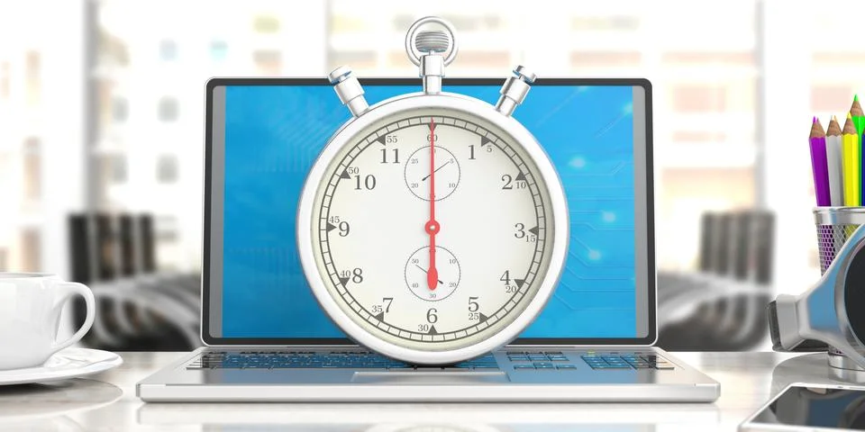 Working under pressure. Stopwatch, timer, on computer, laptop, blur office bu Stock Illustration