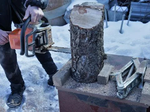 Working with an untreated tree trunk with a chainsaw Stock Photos