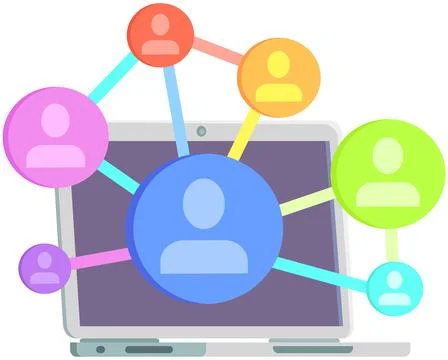 Working with user database in cloud storage, chatting with employees. Contact Illustrazione stock