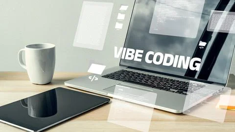 Working on vibe coding at a desk with a laptop, coffee, and tablet during the 写真素材