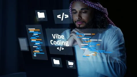 Working on vibe coding with digital interface at night Foto stock