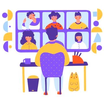Working video chat, flat cartoon vector illustration. Business conference. Stock Illustration