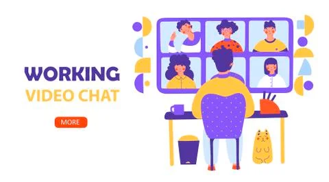 Working video chat, flat vector landing page template. Business conference. Stock Illustration