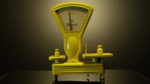 Working Vintage Scale With Arrow . The Weigher Are Unsteady Until They Balance . Stock Footage 132523950