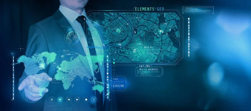 Working with a virtual panel of geolocation programs. 库存插图