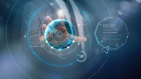 Working with a virtual touch panel of the future. Illustrazione stock