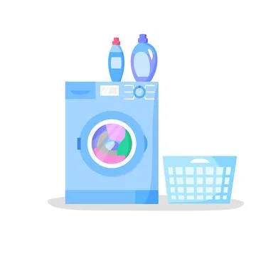 Working washing machine and empty laundry basket, bottles with liquid detergents Stock Illustration