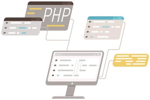 Working on web development. Concept of script coding and programming in php Stock Illustration