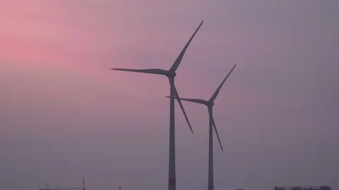 Working wind power plant at sunset. Stock Footage 140117747