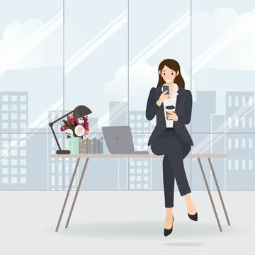 Working woman checking her mobile on table in office eps10 vectors illustrati Stock Illustration