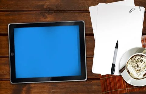 Working wood desk. tablet computer, few blank papers and coffee cup. ready to Stock Illustration