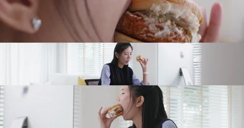 Workload stress relief eat take out junk food at home while working. Видео 214799649