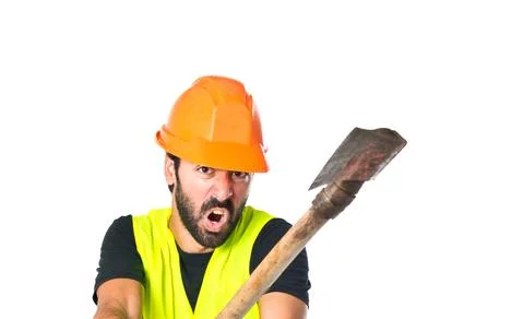 Workman with ax over white background Stock Photos