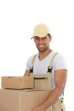 Workman carrying boxes Foto stock