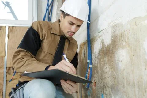 Workman making notes on clipboard Stock Photos
