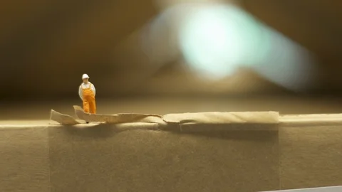 Workman (miniature model) standing on a life-size box. Hand closes box.  Stock-Footage 102554865