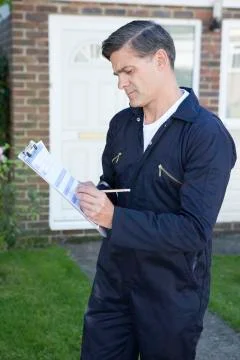 Workman Preparing Estimate For Work On House Exterior Stock Photos