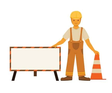 Workman Standing with a Beware Sign Board and Traffic Cone Stock Illustration