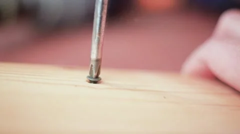 Workman twists the screw with a screwdriver in a tree close up Stock Footage 69205240