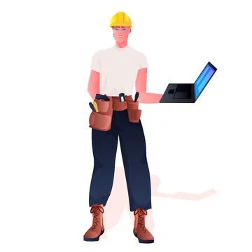 Workman in uniform construction worker using laptop full length 스톡 일러스트