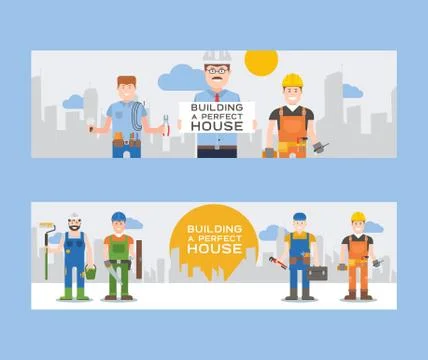 Workmen builders and engineers with tools or tiles set of banners vector Stock Illustration