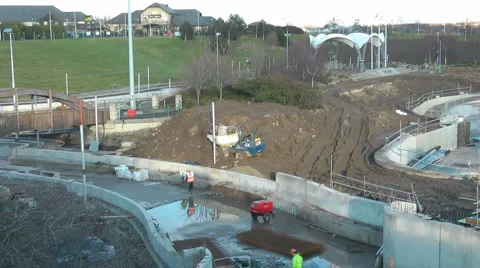 Workmen constructing White Water Course on the River Tees Stock Footage 1065052