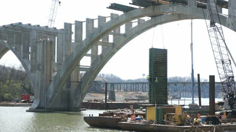 Workmen Henley Bridge construction Stock Footage 25455926