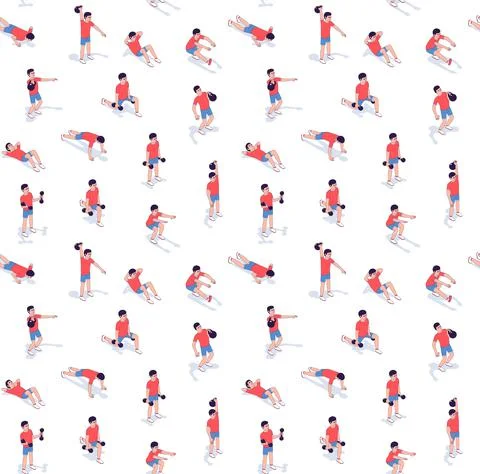 Workout exercise seamless pattern isometric. Athletic muscle training pattern. Stock Illustration