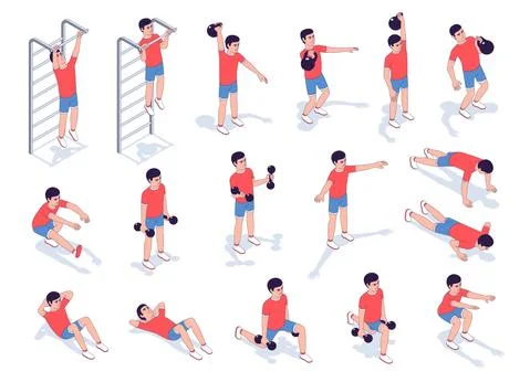 Workout exercise set for men - vector isometric illustration Illustrazione stock