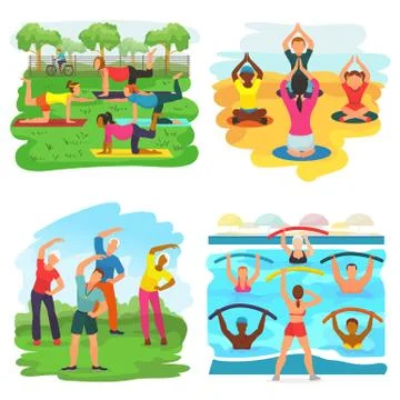 Workout exercise vector active people exercising with trainer in sportive group Illustrazione stock