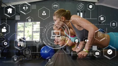 Workout group holding weights doing pushups floor camera sweeping HUD overlays Stock Footage 333873062