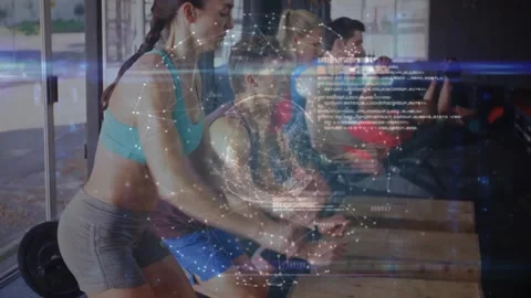 Workout group shifting weight jumping onto plyo boxes in gym globe overlay Stock Footage 330741576